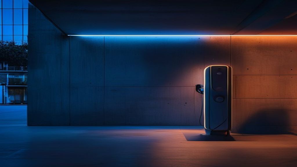 Borne de recharge Wallbox installée dans un parking lyonnais en pierre dorée, ambiance indigo et ambre
